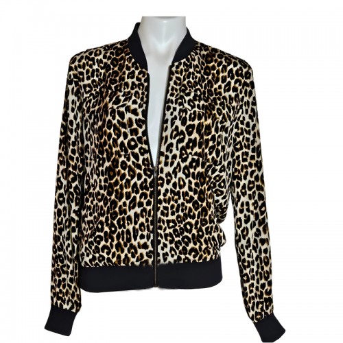 Stylish Leopard-Printed Velvet Zipper Bomber Jacket for Ladies